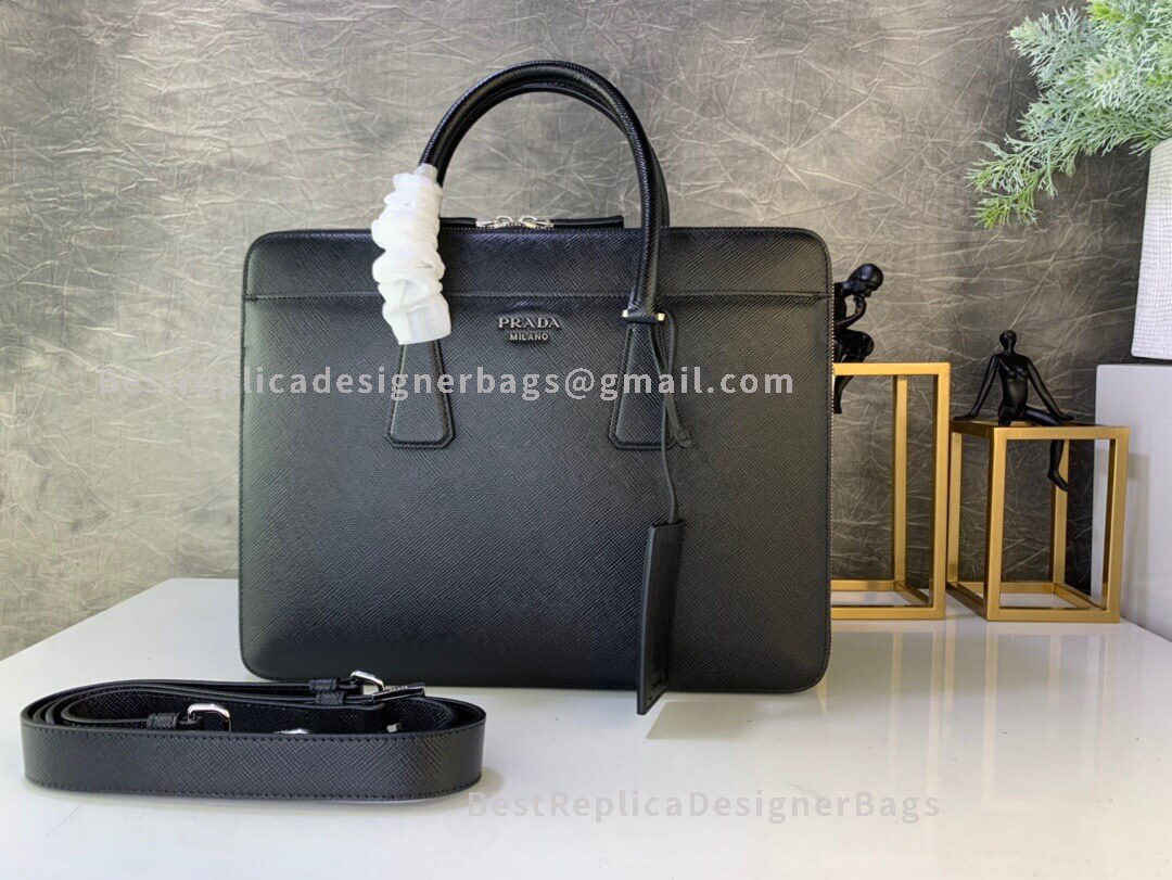 Prada Black Saffiano Cuir Leather Briefcase SHW 366